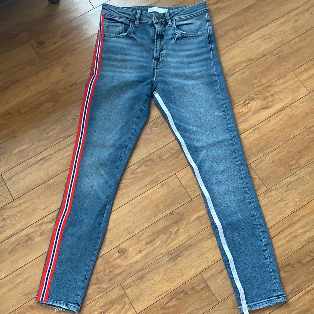 3/$25 ‼️ Zara Z1975 Denim High Waist Jeans Red & White Racing Stripe, Distressed
